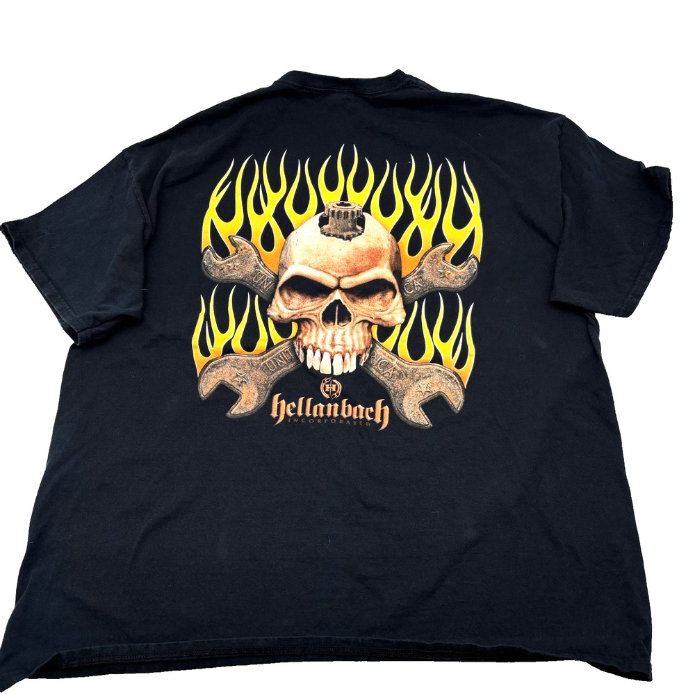 Vintage 00s Y2K Hellanbach Flames Skull & Cross Wrench Graphic Print T-shirt 2XL
